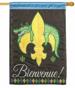 Bienvenue Alligator Fleur De Lis Double Applique House Flag