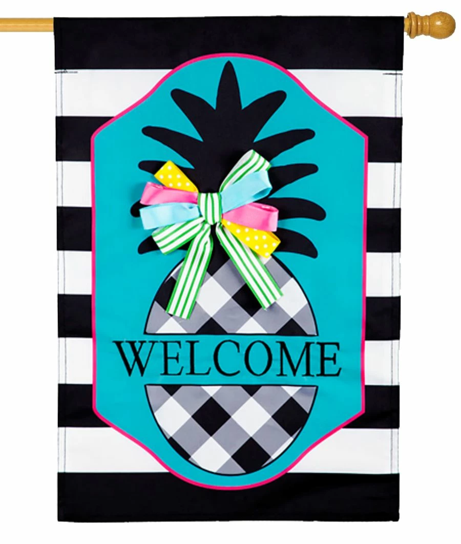 Black And White Pineapple Applique House Flag 3 Black And White Pineapple Applique House Flag