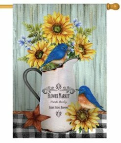 Bluebirds And Sunflowers House Flag