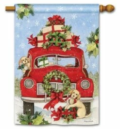 Bringing Home The Puppies Red Truck House Flag