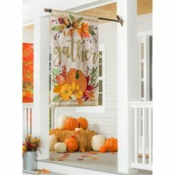 Burlap Autumn Floral And Pumpkin Gather House Flag