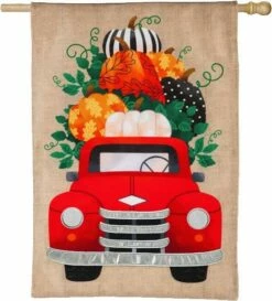 Burlap Fall Pumpkins And Red Truck House Flag