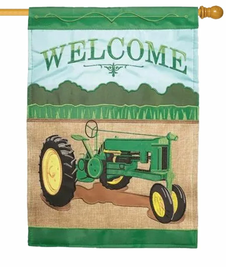 Burlap Green Tractor Double Applique House Flag 4 Burlap Green Tractor Double Applique House Flag - Image 2