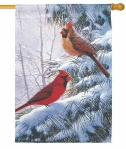Cardinal Couple In The Snow House Flag