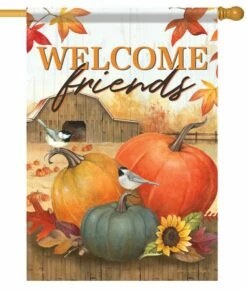 Chickadees And Pumpkins On The Farm House Flag