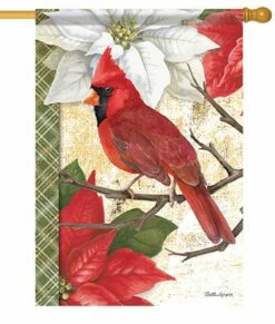 Christmas Cardinal And Poinsettias House Flag