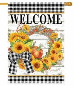Gingham Sunflower Wreath House Flag