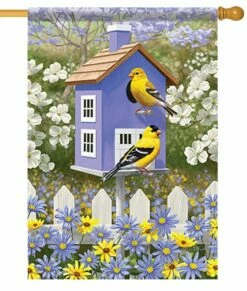 Goldfinch Birdhouse And Daisies House Flag