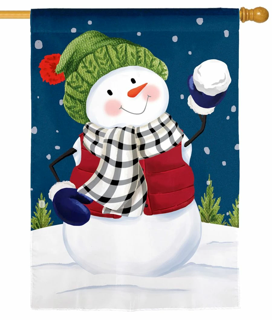Green Cap Snowman Applique House Flag 3 Green Cap Snowman Applique House Flag