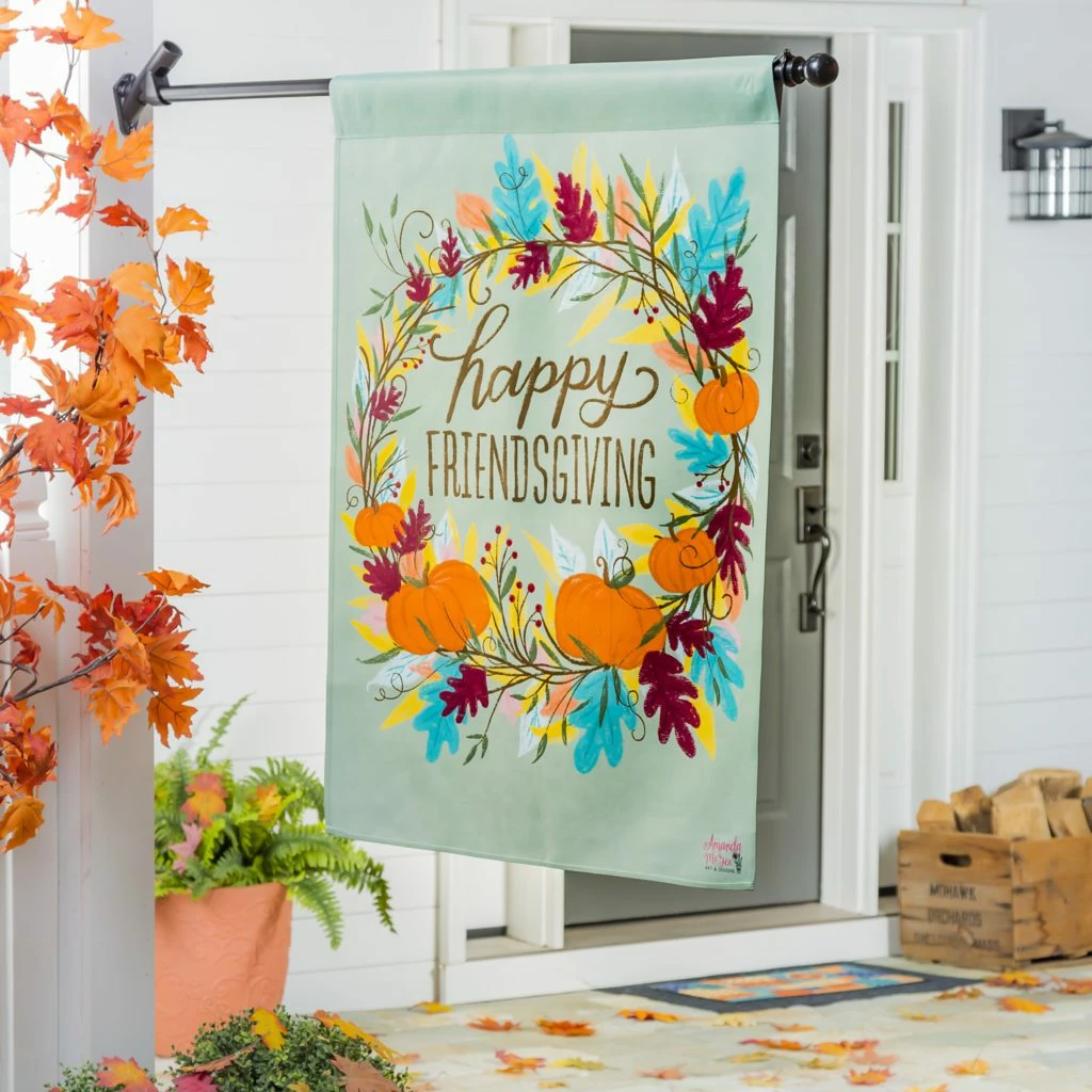 Happy Friendsgiving Wreath Suede Reflections House Flag 3 Happy Friendsgiving Wreath Suede Reflections House Flag