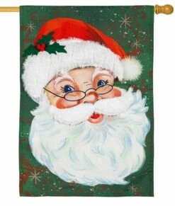 Linen Merry Santa Applique House Flag