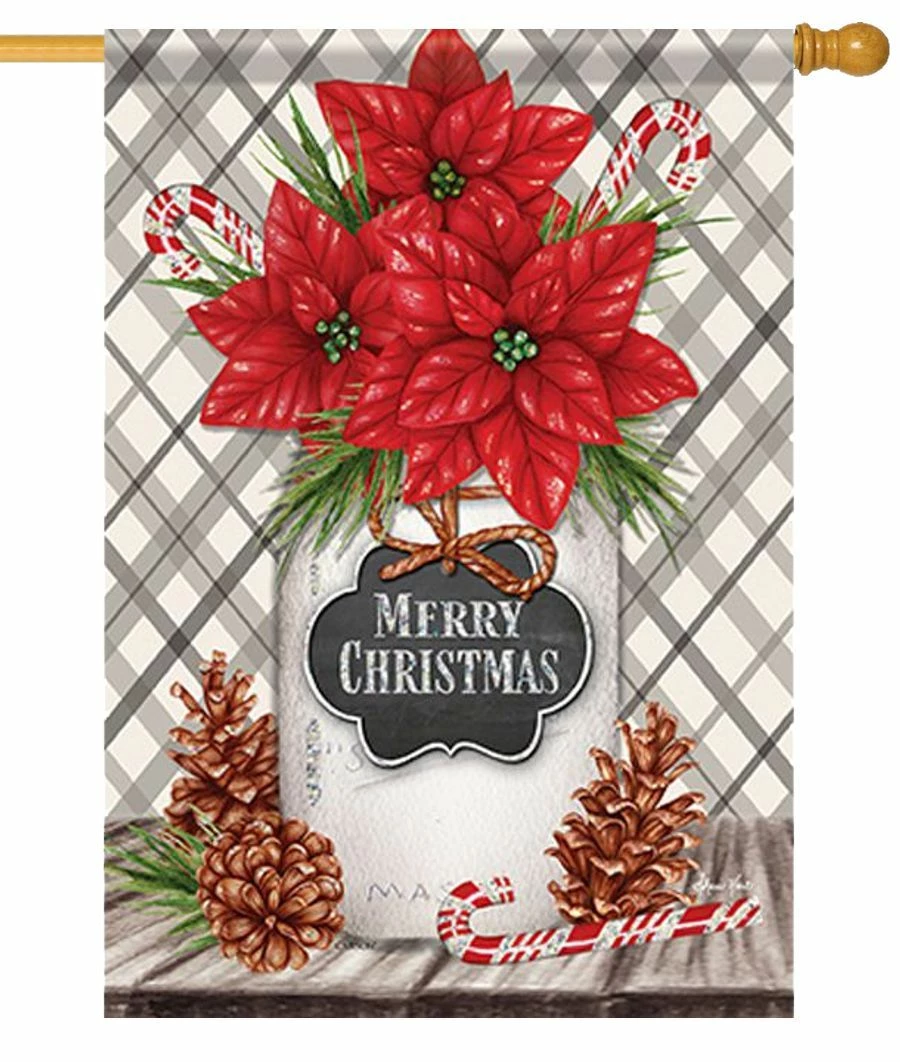 Merry Christmas Poinsettia Jar House Flag 3 Merry Christmas Poinsettia Jar House Flag