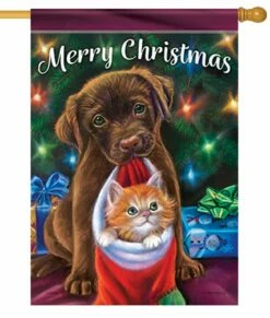 Merry Christmas Puppy And Kitten House Flag