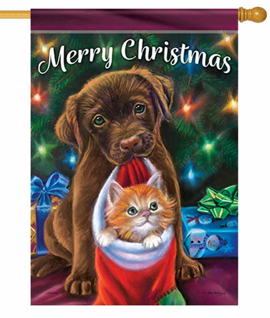 Merry Christmas Puppy And Kitten House Flag 3 Merry Christmas Puppy And Kitten House Flag