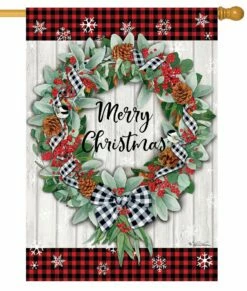 Plaid Christmas Wreath House Flag