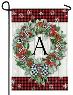 Plaid Christmas Wreath Monogram Letter A Garden Flag