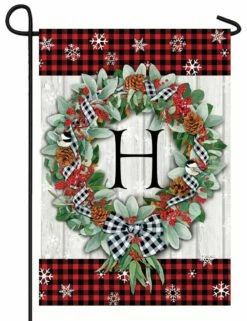 Plaid Christmas Wreath Monogram Letter H Garden Flag