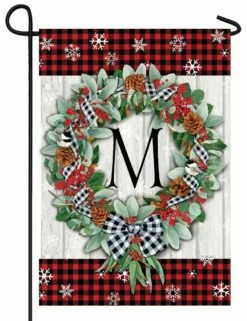 Plaid Christmas Wreath Monogram Letter M Garden Flag