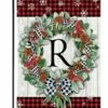 Plaid Christmas Wreath Monogram Letter R Garden Flag