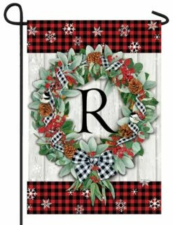 Plaid Christmas Wreath Monogram Letter R Garden Flag