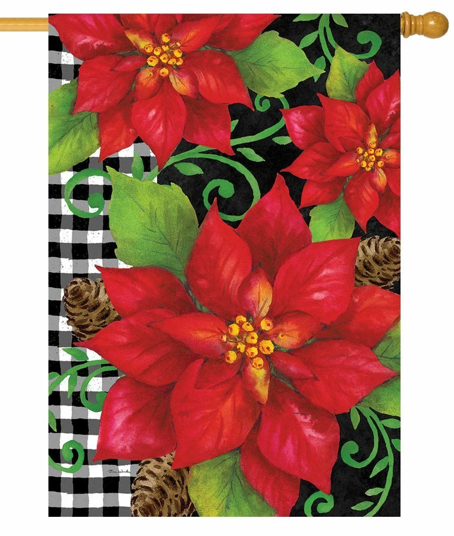 Poinsettias And Gingham House Flag 3 Poinsettias And Gingham House Flag