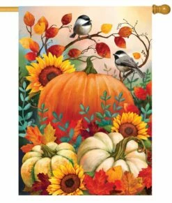 Pumpkins And Chickadees House Flag