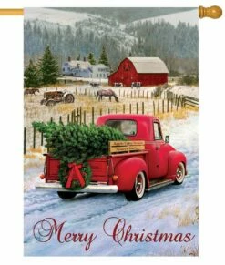 Red Pickup Truck Merry Christmas Farm House Flag