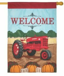 Red Tractor And Pumpkins Double Applique House Flag -Flag Sales 2024 red tractor and pumpkins double applique house flag