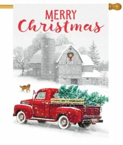 Red Truck And Christmas Tree House Flag