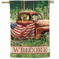 Rustic Patriotic Truck And Pup House Flag