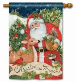 Santa With Forest Friends House Flag