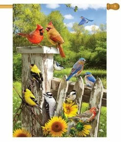 Songbirds On A Fence House Flag
