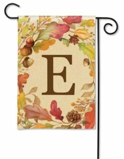 Swirling Fall Leaves Monogram E Garden Flag