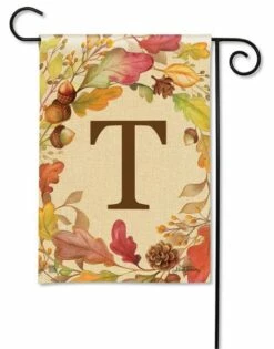 Swirling Fall Leaves Monogram T Garden Flag