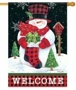 Welcome Buffalo Plaid Snowman House Flag