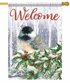 Welcome Holly Chickadee House Flag