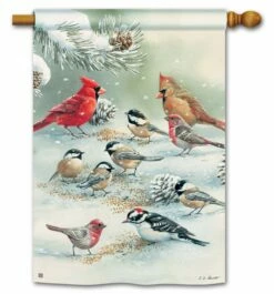 Winter Bird Feeding House Flag
